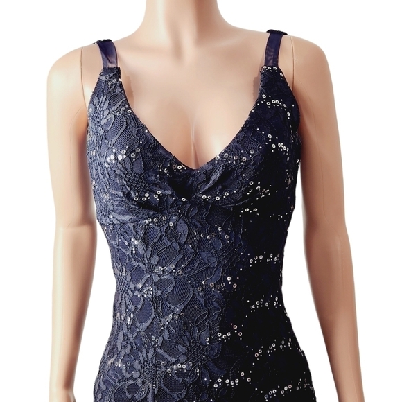 B. Darlin Blue Formal Deep V Sheer Back Maxi Sequin Dress Size: 1/2 - Picture 2 of 13